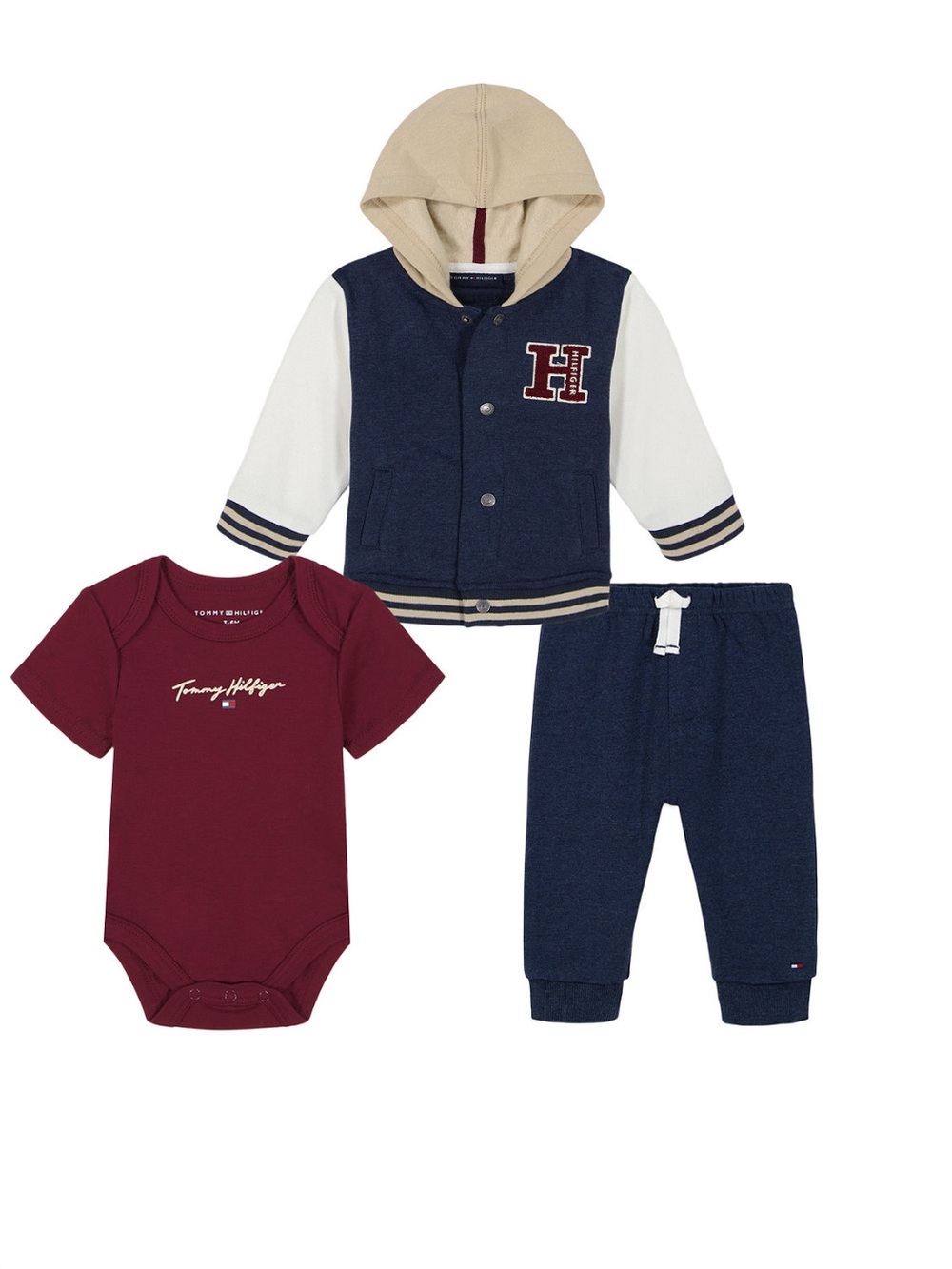Tommy Hilfiger baby Boy Fleece Hooded Baseball Jacket Bodysuit 3-Piece Set